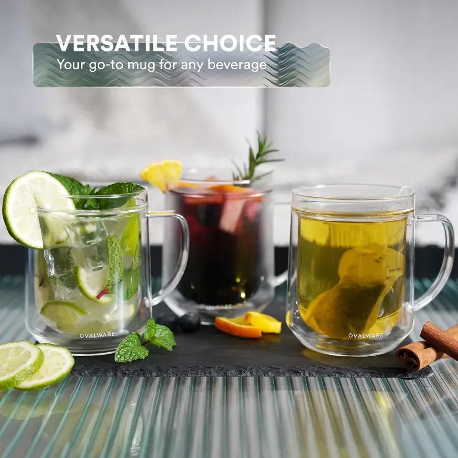 Ovalware - Double Wall Glass Mug | Clear | 17oz (500ml) | Set of 2