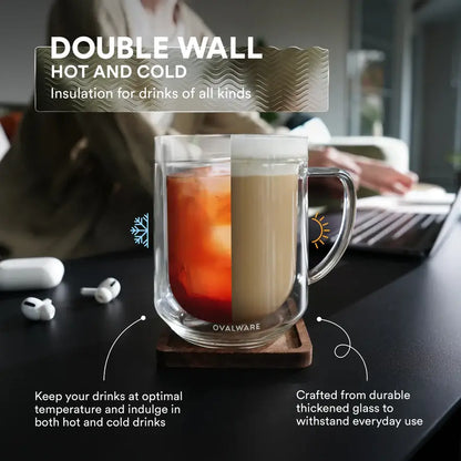 Ovalware - Double Wall Glass Mug | Clear | 17oz (500ml) | Set of 2