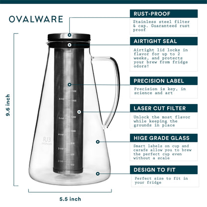 Ovalware - Airtight Cold Brew Iced Coffee Maker Pitcher and Tea Infuser with Spout | 1.5L