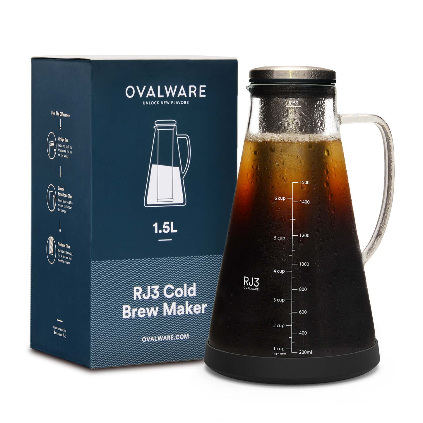 Ovalware - Airtight Cold Brew Iced Coffee Maker Pitcher and Tea Infuser with Spout | 1.5L