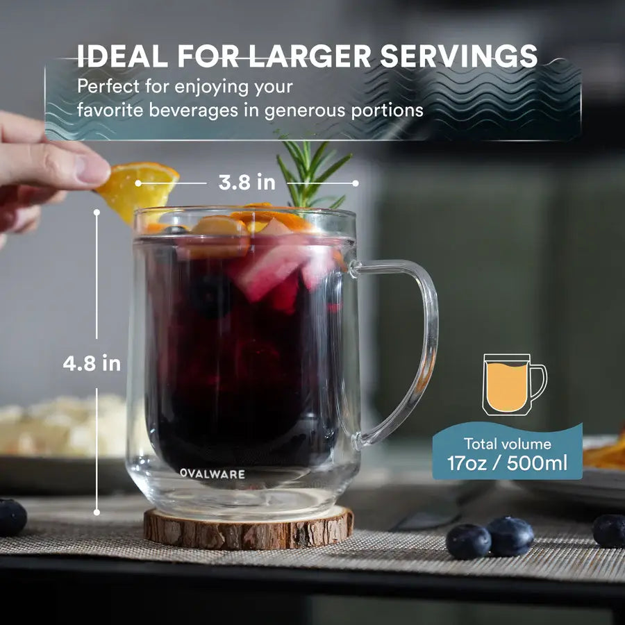 Ovalware - Double Wall Glass Mug | Clear | 17oz (500ml) | Set of 2