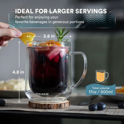 Ovalware - Double Wall Glass Mug | Clear | 17oz (500ml) | Set of 2