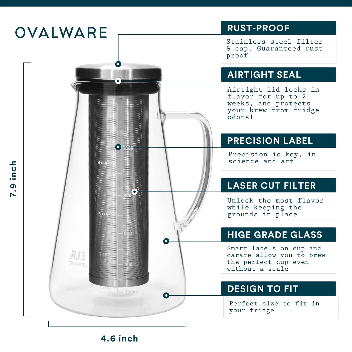 Ovalware - Airtight Cold Brew Iced Coffee Maker Pitcher and Tea Infuser with Spout | 1.0L