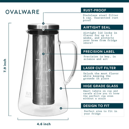 Ovalware - Airtight Cold Brew Iced Coffee Maker Pitcher and Tea Infuser with Spout | 1.0L